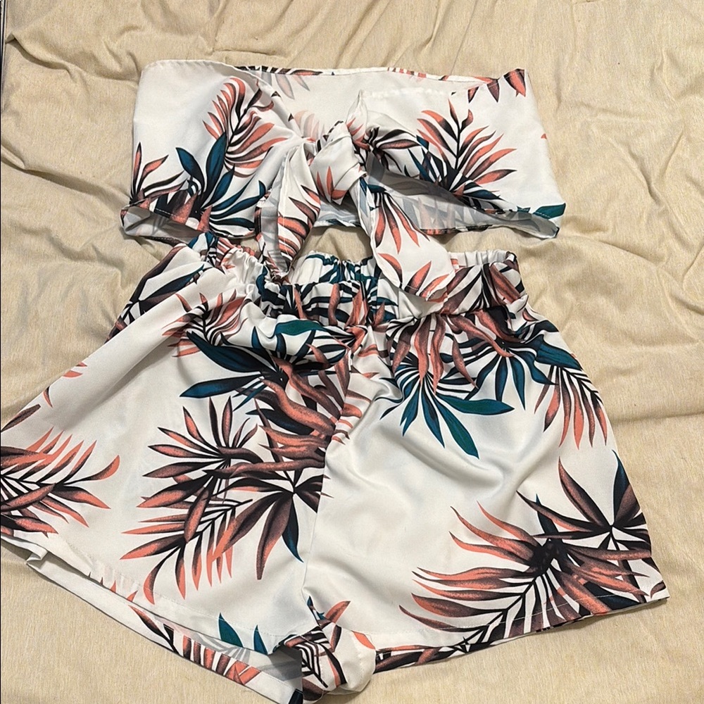 Leaf Print Strapless Top and Shorts Set